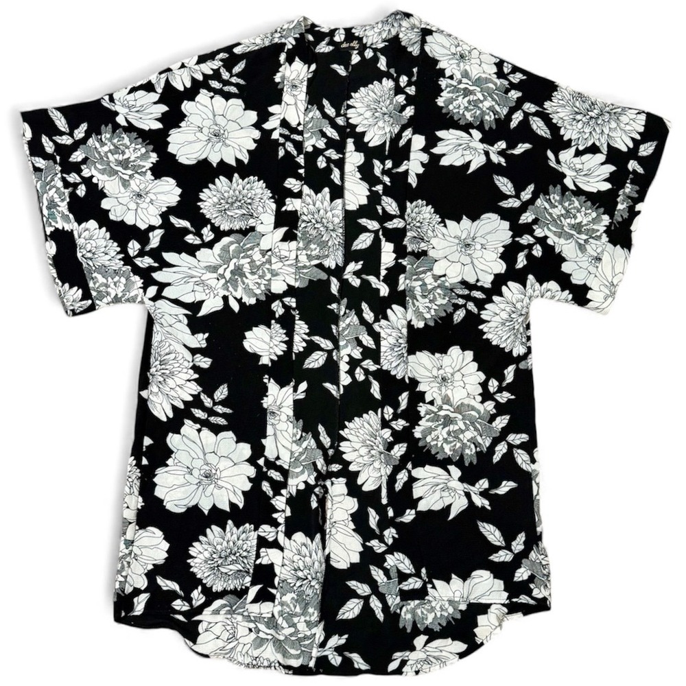 Dee Elly Womens Sz-Medium Black Floral Kimono Cardigan Duster Black Gray White